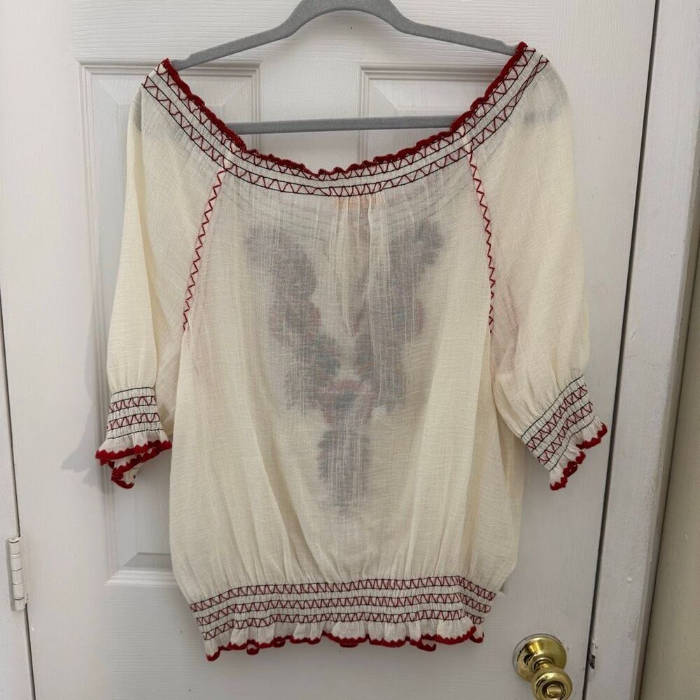 Tory Burch Mari Peasant Top Size Medium Embroidered Floral Cream Red - Picture 2 of 8
